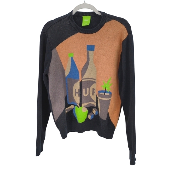 HUF Still Life Crew Neck Sweater Jacquard Art to Wear Retro Men's Medium Wine - Picture 1 of 6